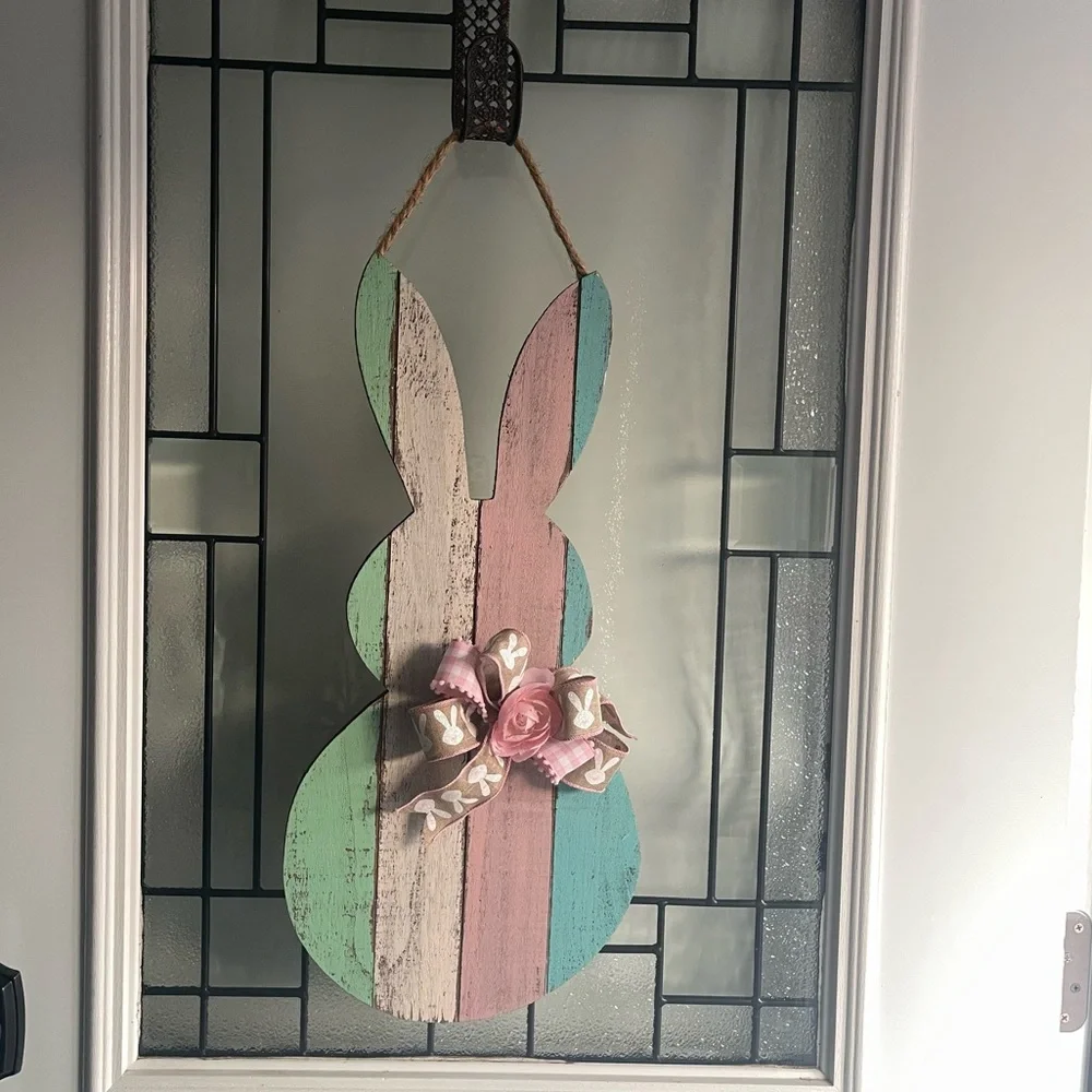 Easter Bunny Striped Wooden Door Hanger/Wreath
